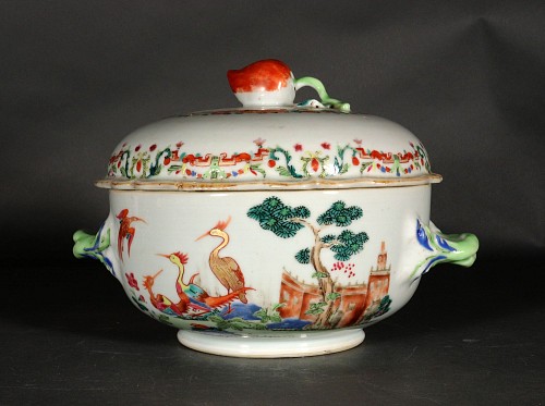 Chinese Export Porcelain Chinese Export Famille Rose Porcelain Meissen-style Tureen and Cover Painted with Exotic Birds and Harbor View, 1745 $4,500