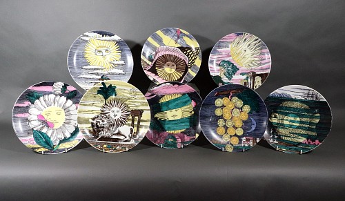Piero Fornasetti Piero Fornasetti Porcelain Mesi & Soli Plates, "12 Mesi, 12 Soli", Twelve Suns, Twelve Months (Eight plates), Late 1950s $4,500