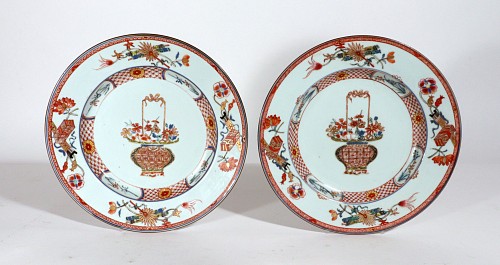 Inventory: Chinese Export Porcelain Chinese Export Porcelain Famille Rose-Verte Plates Painted with A Flower Basket, Yongzheng (1723-1735) $1,500