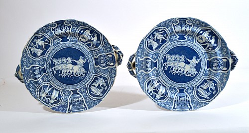 Inventory: Spode Factory Spode Pearleware Greek Pattern Blue Printed Hot Water Dishes-Zeus in His Chariot, 1810 $2,000