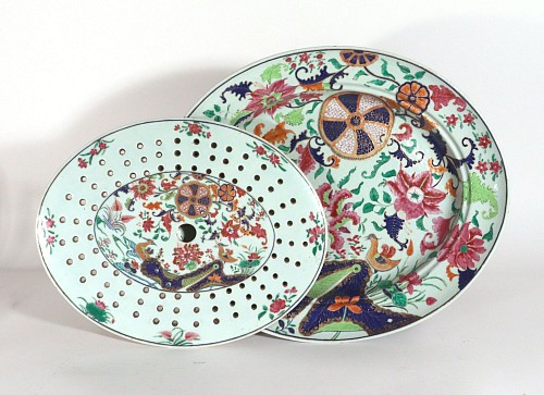 Chinese Export Porcelain Chinese Export Porcelain Pseudo Tobacco Leaf With Ducks Large Dish and Drainer, 1765-75 $4,500