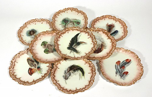 Limoges Limoges Porcelain Dessert Plates decorated with Feathers, Set of Ten, Circa 1891-1914 SOLD •