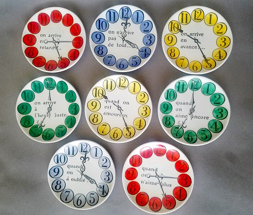 Piero Fornasetti Piero Fornasetti Complete Set "Quand on Arrive" Clock Coasters, "When One Arrives", Early 1950s $750