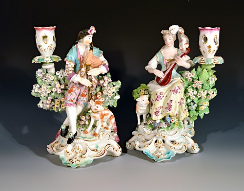 Inventory: Derby Factory Derby Porcelain Candlesticks with Figures of Musicians-a Female Lute Player and Male Bagpiper, Circa 1765 $3,500
