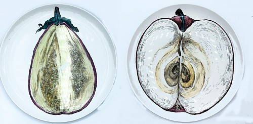 Piero Fornasetti Piero Fornasetti Pair of Sezioni Di Frutta Porcelain Eggplant & Apple Plates (Nos 6 & 7), 1960s $1,500