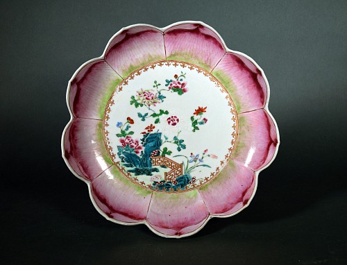 Inventory: Chinese Export Porcelain Chinese Export Porcelain Famille Rose Lotus Leaf Shaped Dish, 1765 $3,750