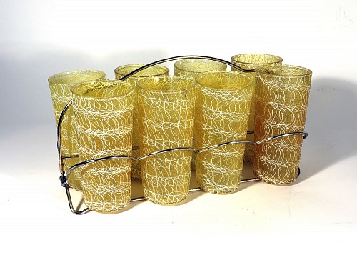 Inventory: Vintage Vintage Glass Tumblers, Spaghetti String Pattern, Color Craft, Indianapolis, In.,
Set of Eight., 1950s-60s $500