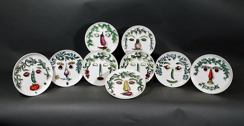Piero Fornasetti Piero Fornasetti Ceramic Arcimboldesca-Motif Vegetable Face Plates, After Giuseppe Arcimboldo- Set of Nine, 1970/1980s $6,750