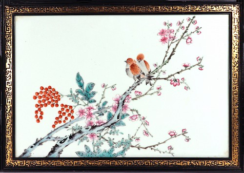 Chinese Porcelain Chinese Porcelain Framed Famille Rose Plaque of Birds with Prunus and Cherry Trees, 20th Century $3,500