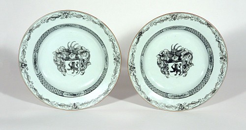 Chinese Export Porcelain Chinese Export Porcelain Armorial European Market En Grisaille Soup Plates, 1745 $2,500