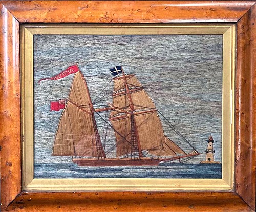 Sailor's Woolwork Fine British Sailor's Woolwork of a Barque under Sail, 1875 SOLD •