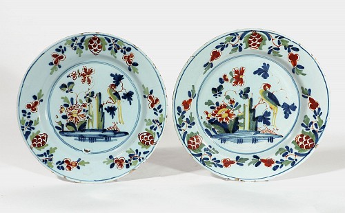 Inventory: Lambeth Delftware Lambeth London Delftware Polychrome Chinoiserie Pair of Plates decorated with Parrots, 1765 $1,500