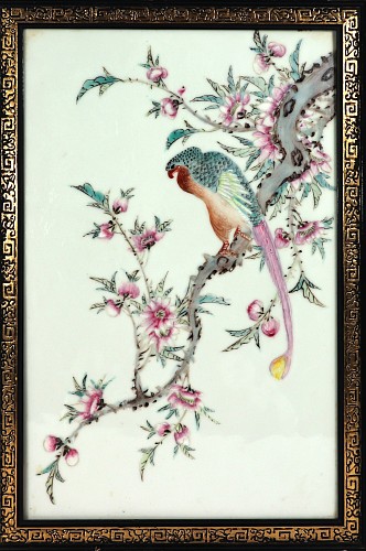 Chinese Porcelain Chinese Porcelain Framed Famille Rose Plaque of Long Tailed Hawk on a Rose Tree Branch, 20th Century $3,500