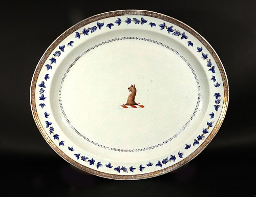 Inventory: Chinese Export Porcelain Chinese Export Porcelain Blue Enamel Border Armorial Griffin Crest Dish, 1780 $3,800