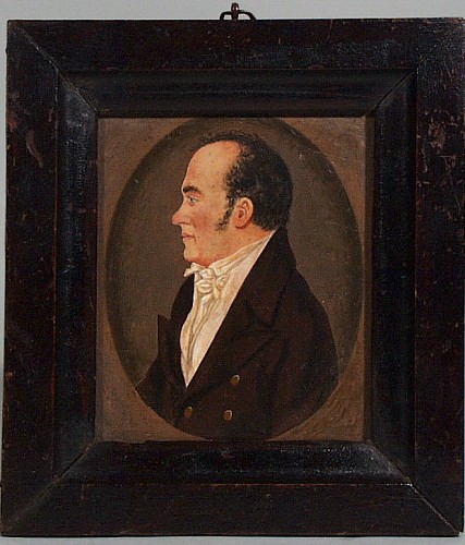 Portrait Miniature English Portrait Miniature Profile of a Man, Oil on Board, Circa 1820-35 $600