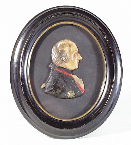 Inventory: Portrait Miniature Continental Wax Portrait Miniature of a Officer from the Berlin Region, Circa 1795 $750