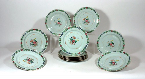 Inventory: Chinese Export Porcelain Chinese Export Famille Rose Porcelain Plates with Green Enamel, Set of Twelve, 1770 $5,000