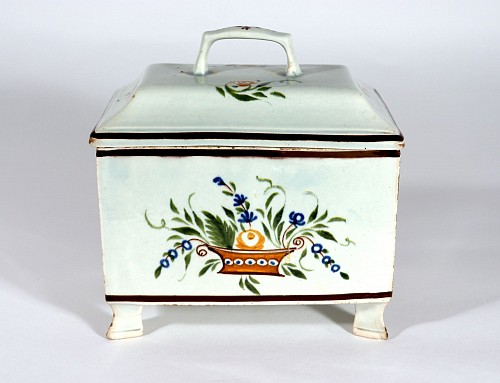 Inventory: Pearlware Swansea Prattware Pearlware Pottery Covered Botanical Double Tea Caddy Box, 1800-20 $2,000