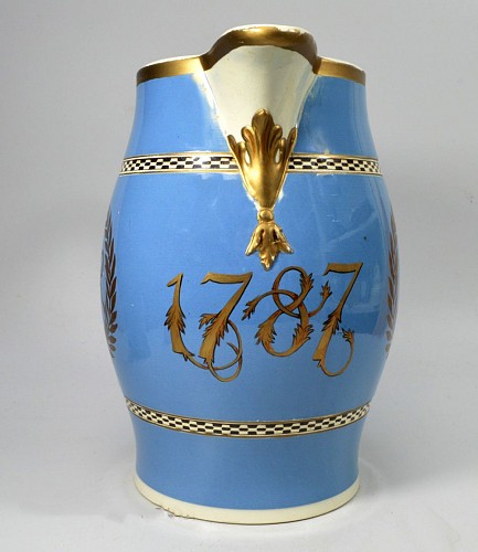 British Pottery English Pottery Blue Slip Crested Jug, Dated 1787, 1787 $3,500