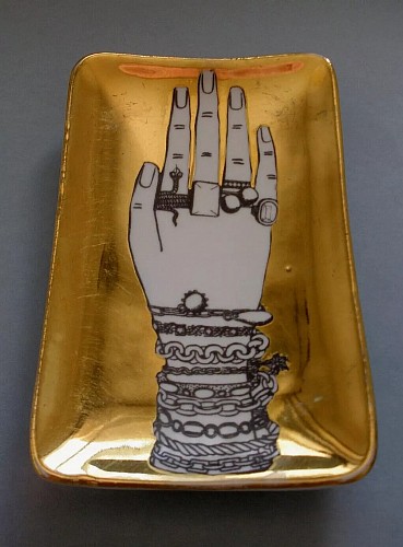 Piero Fornasetti Fornasetti Tray with Hand with Jewelry on Gold Ground SOLD •