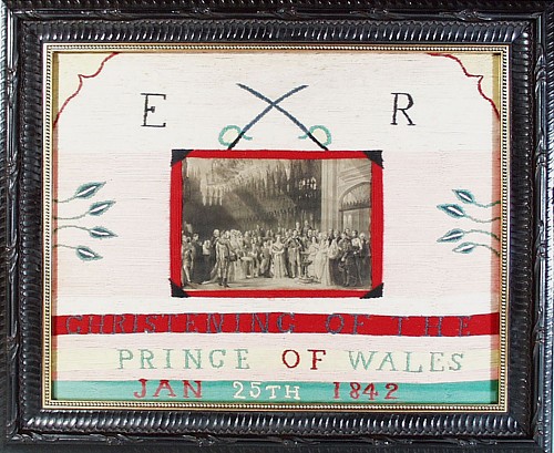 Woolwork Christening of the Prince of Wales Woolwork Picture, Dated 1842 SOLD •