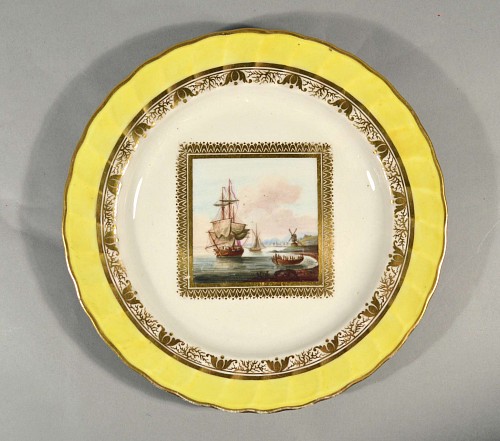 A Yellow Ground Border Derby Porcelain Plate decorated with Maritime Scene- A Calm Pattern No. 226, Attributed to George Robinson. Circa 1797-1800. SOLD •