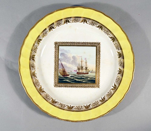 A Yellow Ground Border Derby Porcelain Plate decorated with Maritime Scene, leighing Anchor, Pattern No. 226, Attributed to George Robinson, Circa 1797-1800. SOLD •