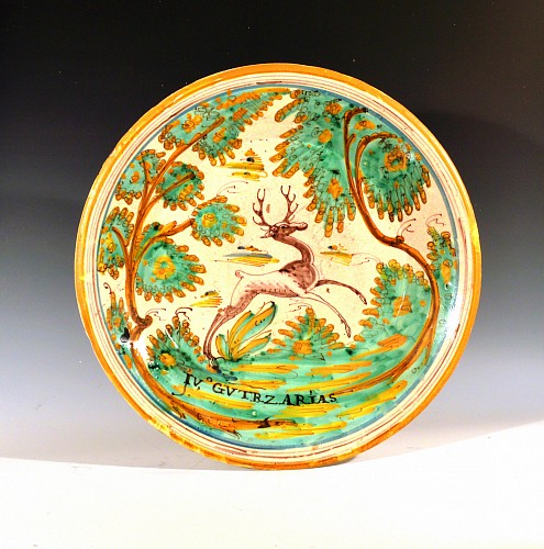 Spanish Faience Spanish Large Faience Charger with Leaping Stag, Talavera, 1780-1800 SOLD •