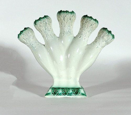 Creamware Pottery 18th-century Creamware Flower Finger or Quintell Vase with Green Molded Leaves, 1785-1800 SOLD •