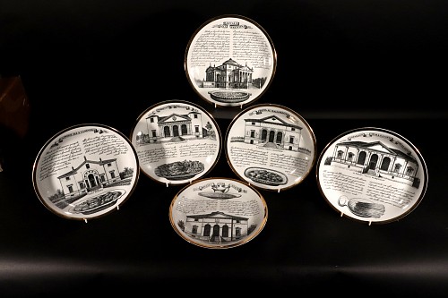 Inventory: Piero Fornasetti Piero Fornasetti ""Assiettes Specialita Vicentine"" Set of Six Porcelain Plates, 1970s $2,250