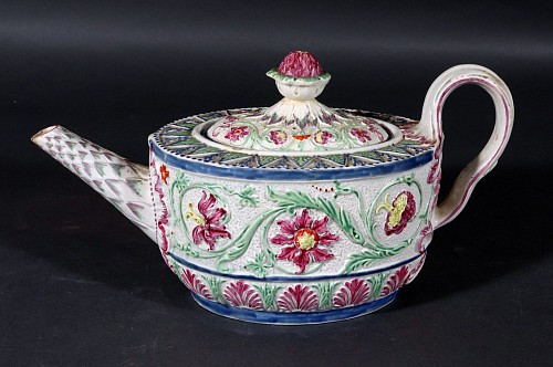 Pearlware Outstanding Molded Painted Pearlware Teapot & Cover, Possibly Wilson, 1790-95 $2,500