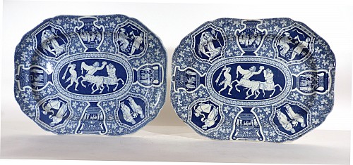 Spode Factory Spode Pottery Neo-classical Greek Pattern Blue Pair of Large Dishes, Centaurs Battling Theseus, 1810-25 $4,000