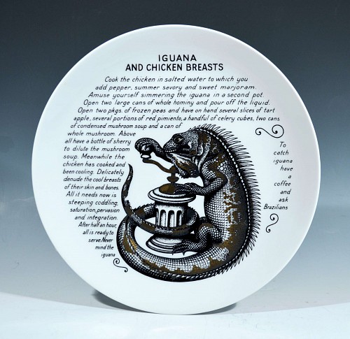 Inventory: Piero Fornasetti Piero Fornasetti Fleming Joffe Porcelain Recipe Plate- Iguana And Chicken Breasts, 1960s $850