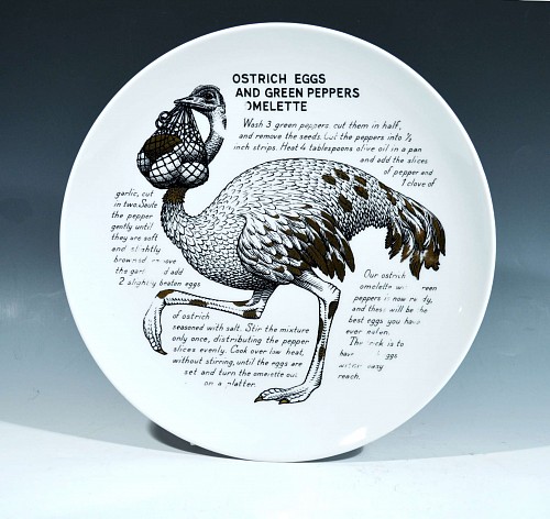 Piero Fornasetti Piero Fornasetti Fleming Joffe Recipe Plate-Ostrich Eggs And Green Peppers Omelette, 1960s $250