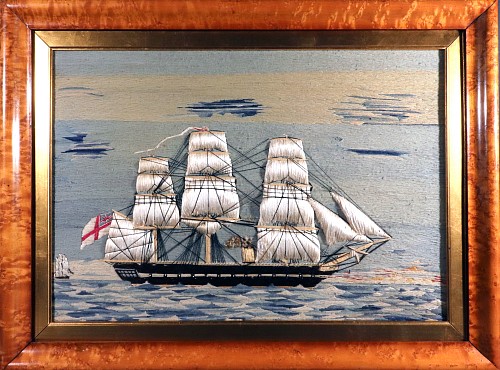 Inventory: Sailor&#039;s Woolwork British Sailor's Woolwork of Steam Assisted Royal Navy Ship with Silk Traputo Sails, 1870-75 $8,500