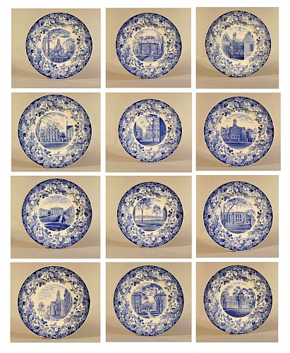 Wedgwood Pottery Wedgwood Pottery Set of Twelve Plates with Harvard Scenes, 1927. SOLD •