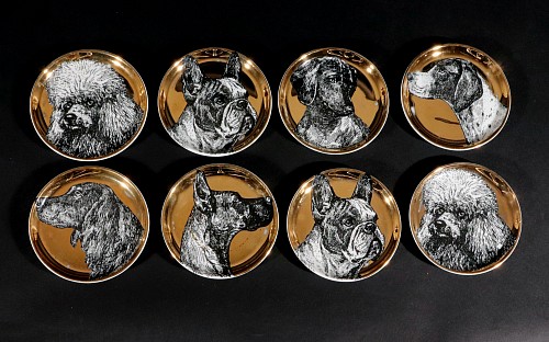 Piero Fornasetti Piero Fornasetti Ceramic ""CANI"" Pattern Coaster Set of Eight Decorated with Dogs, 1960s SOLD •