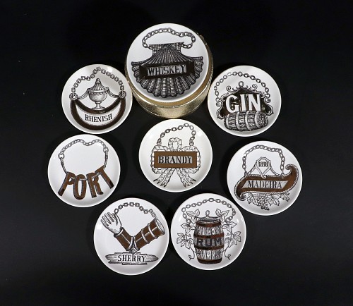 Inventory: Piero Fornasetti Piero Fornasetti Ceramic Barware Coasters with Vini & Liquori Pattern, 1960s $985