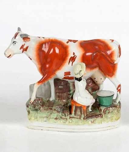 Staffordshire Staffordshire Pottery Cow with Seated Milkmaid, 1860-80
