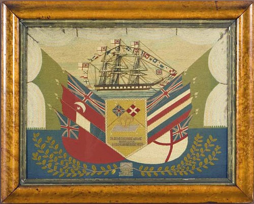 Woolwork Canadian Sailor's Woolwork Picture of a Ship with Flags, Circa 1880 SOLD •