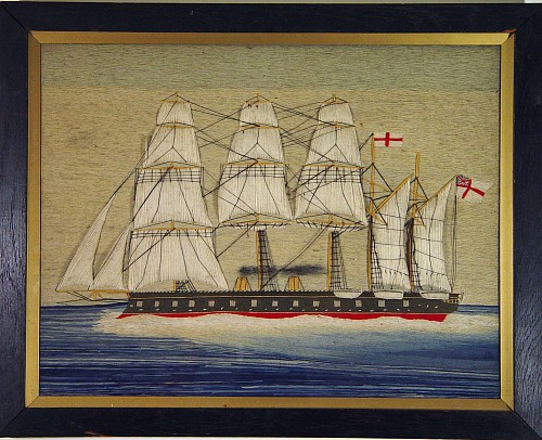 Woolwork A British Sailor's Woolwork Picture of a Minatour Class Ironclad, probably H.M.S. Agincourt, Circa 1870. SOLD •