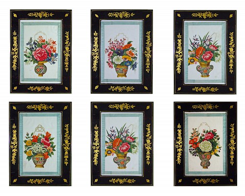 China Trade China Trade Watercolors of Flower Baskets with Chinoiserie Frames, A Set of Six, Circa 1850 $12,500