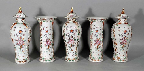 Chinese Export Porcelain Chinese Export Famille Rose Porcelain Garniture of Vases, Circa 1775 SOLD •