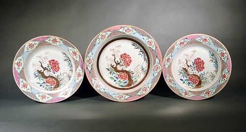 Chinese Export Porcelain 18th Century Chinese Export Famille Rose Porcelain Set of Basin & Matching Pair of Large Dishes, Circa 1735-50 $13,000