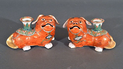 Chinese Export Porcelain Chinese Export Porcelain Canton Pair of Foo Dog Candlesticks, 1840-60 SOLD •