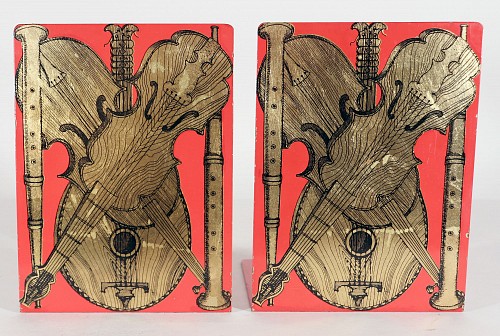 Piero Fornasetti Piero Fornasetti Red Strumenti Musicali Music Metal Bookends, Circa 1960 $1,250