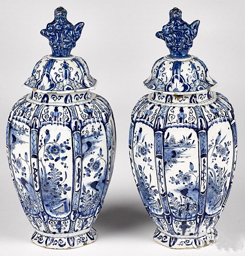 Dutch Delft 18th Century Dutch Delft Covered Chinoiserie Vases, Mid-18th Century SOLD •