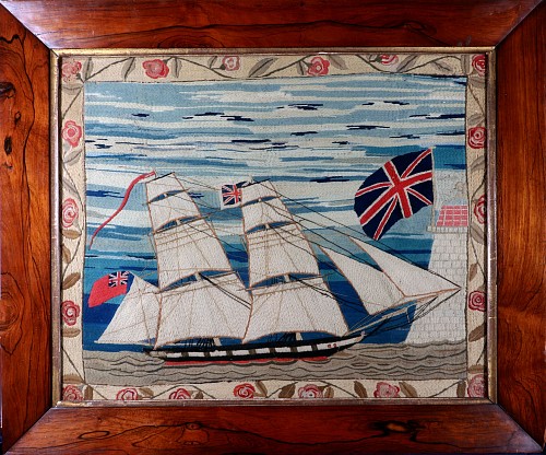 Sailor's Woolwork British Sailor's Woolwork with Unusual Border and Post-side view of a Ship, 1865-75 SOLD •