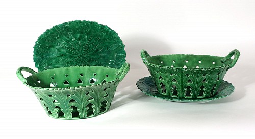 British Pottery 18th Century English Green Glaze Oak Leaf Pottery Baskets & Stands, 1770 SOLD •