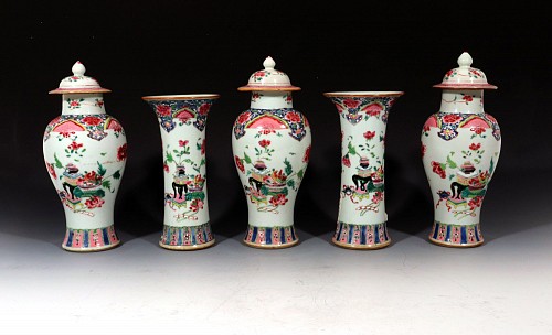 Chinese Export Porcelain Chinese Export Five Piece Famille Rose Porcelain Garniture, 1730-50 $10,000